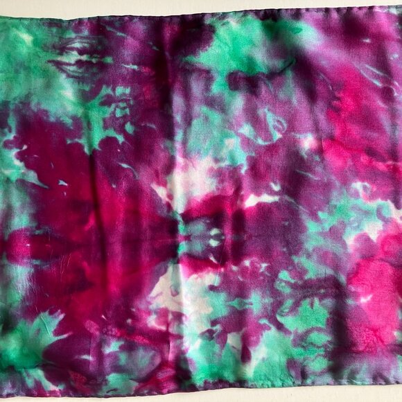 VTG 80s Silk Scarf Handpainted Pink and Green 54" X 10" Filmy Flowy Silk - Picture 8 of 10